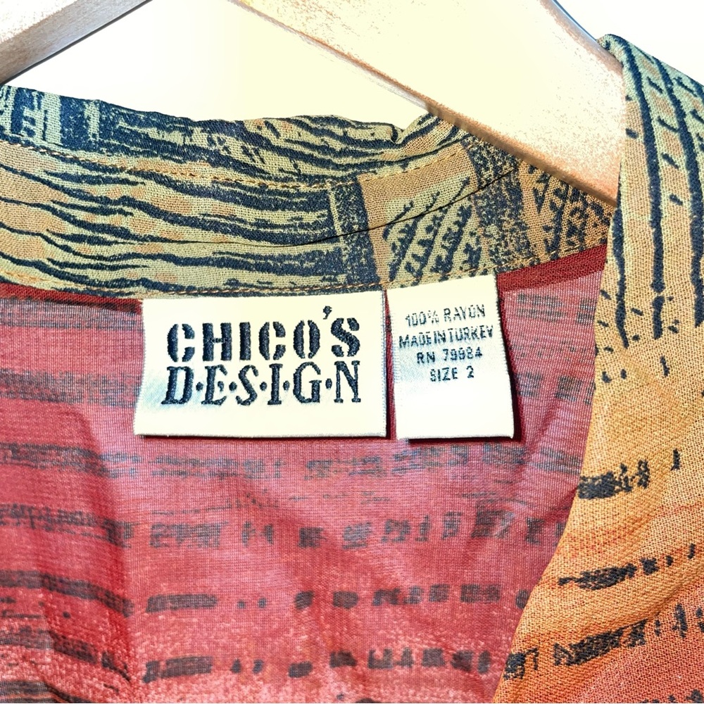 Chico's Design Sheer Long Sleeve Blouse Tunic Rayon Burnt Orange Tribal Print - Picture 3 of 16